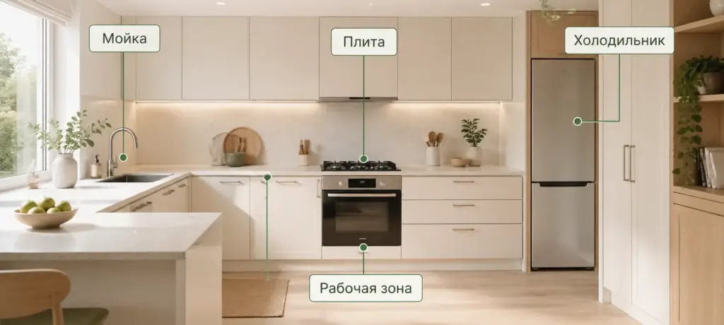 Планировка кухни с мойкой, плитой, холодильником и рабочей зоной