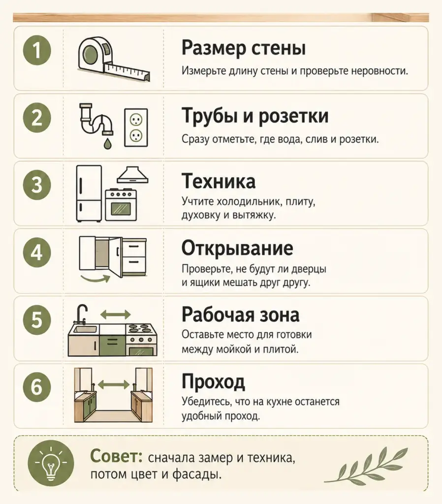 Чек-лист перед покупкой кухни: размеры, трубы, розетки, техника, дверцы и проход