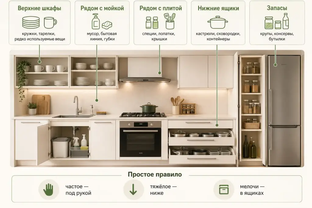 Схема хранения на кухне в верхних шкафах и нижних ящиках