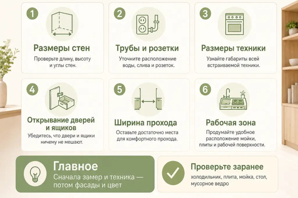 Чек-лист перед заказом кухни: размеры, трубы, розетки, техника и проходы