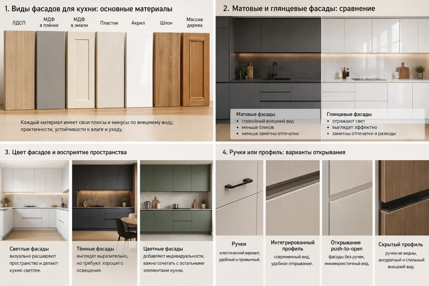 Инфографика о выборе фасадов кухни по материалу, покрытию, цвету и типу открывания