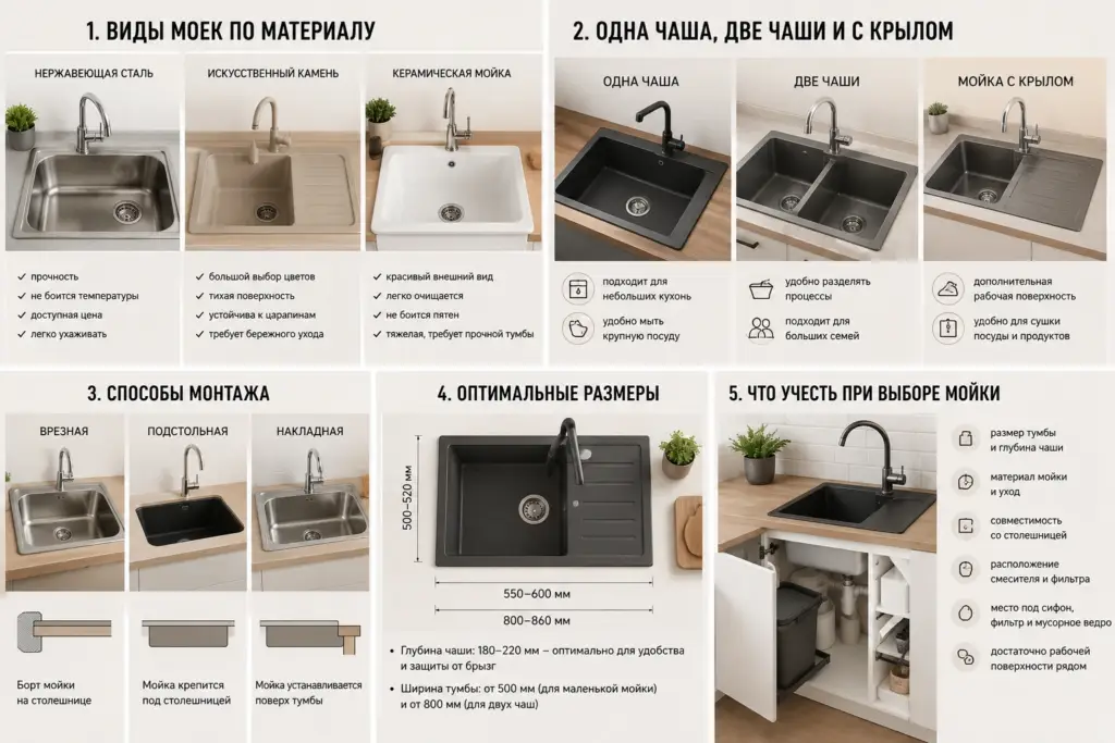 Инфографика о выборе кухонной мойки по материалу, чашам, монтажу и размерам