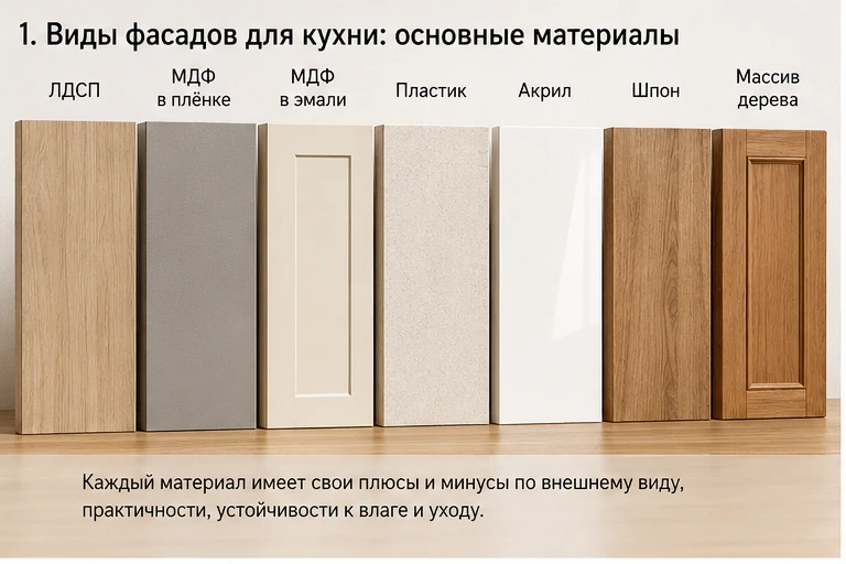 Основные материалы кухонных фасадов: ЛДСП, МДФ, пластик, акрил, шпон и массив.