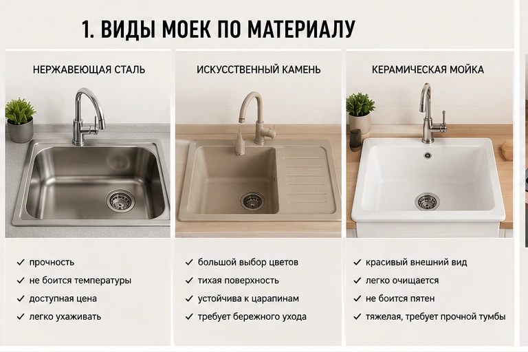 Виды кухонных моек по материалу: нержавеющая сталь, искусственный камень и керамика