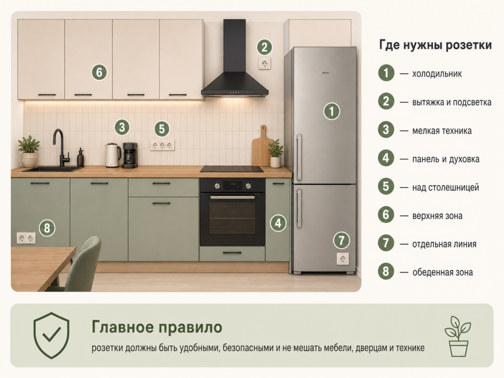 Схема размещения розеток на кухне