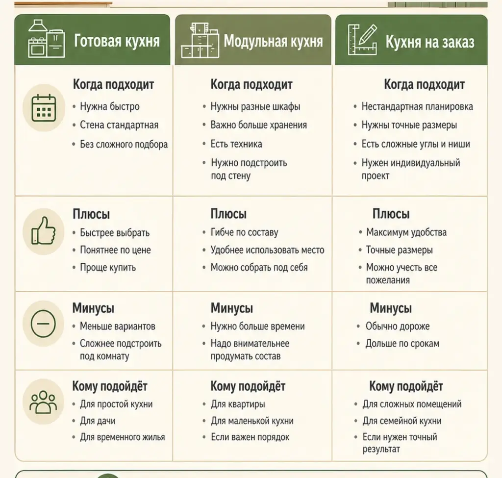 Сравнение готовой кухни, модульной кухни и кухни на заказ