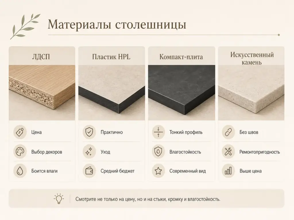 Сравнение материалов столешницы для кухни: ЛДСП, пластик HPL, компакт-плита и искусственный камень