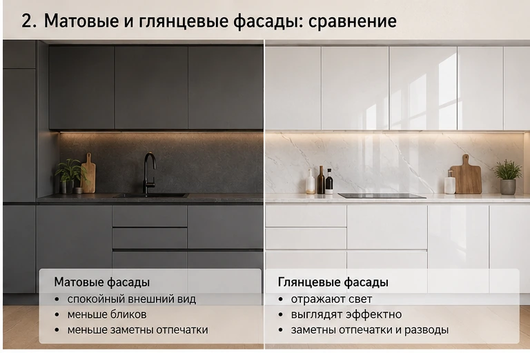 Сравнение матовых и глянцевых кухонных фасадов.