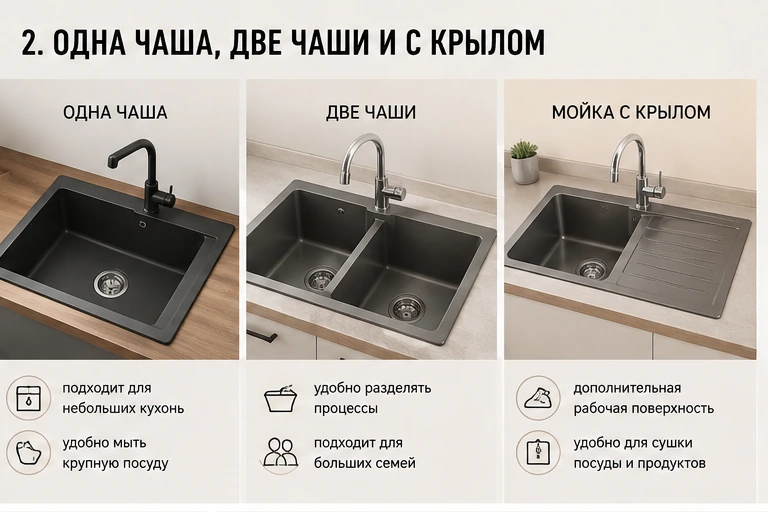 Сравнение кухонной мойки с одной чашей, двумя чашами и крылом