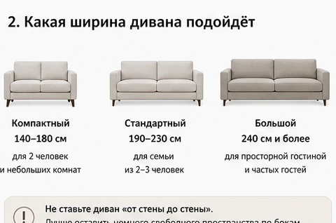 Сравнение ширины компактного, стандартного и большого дивана