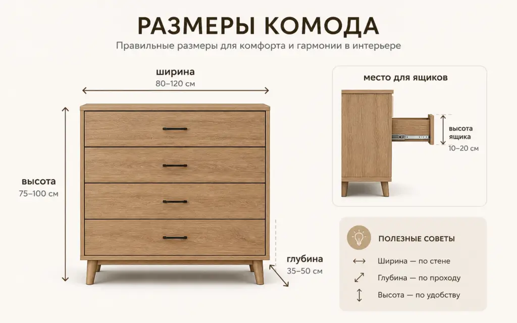 Ширина, глубина и высота комода