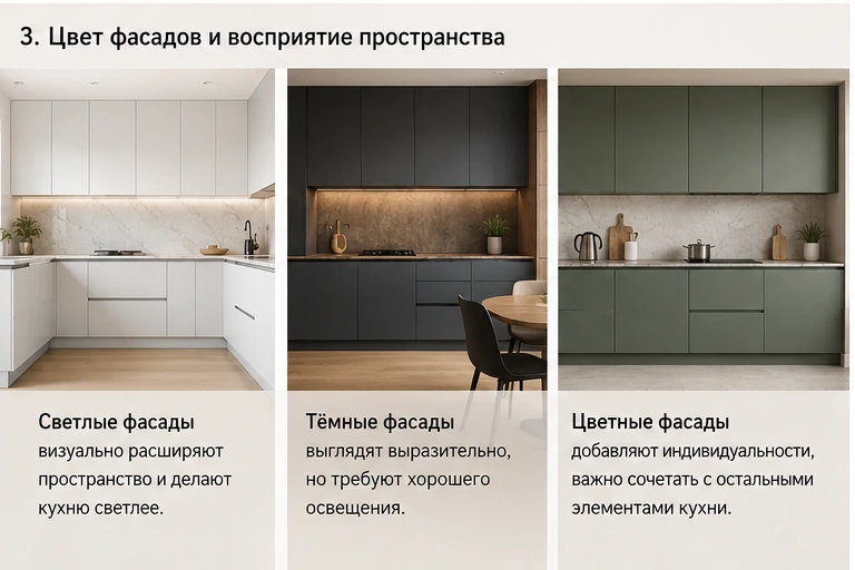 Светлые, тёмные и цветные кухонные фасады в интерьере.