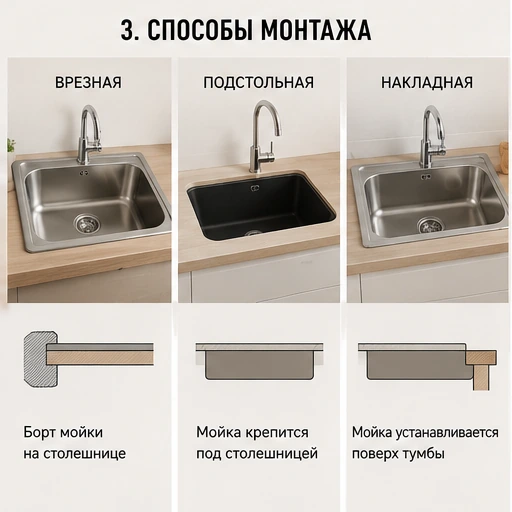 Способы монтажа кухонной мойки: врезная, подстольная и накладная