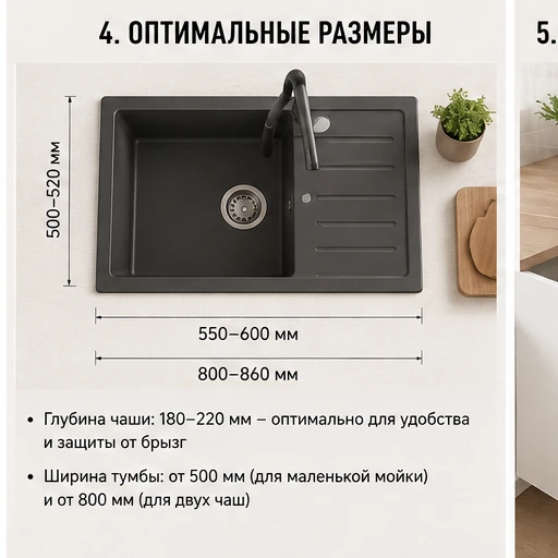 Оптимальные размеры кухонной мойки, ширина чаши, глубина и размер тумбы