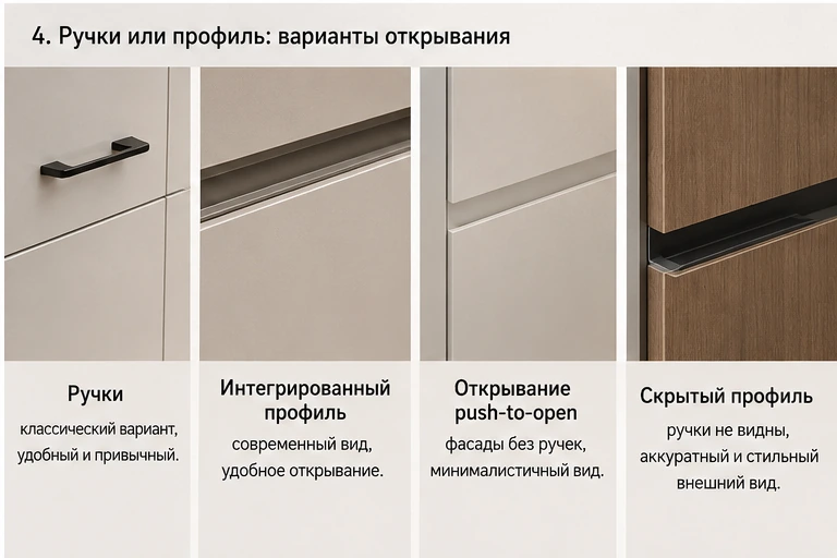 Варианты открывания кухонных фасадов: ручки, профиль, push-to-open и скрытый профиль.