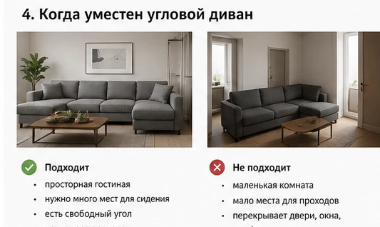Сравнение уместного и неудачного углового дивана в гостиной