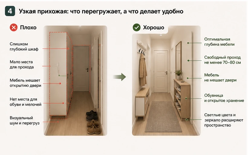 Узкая прихожая: плохой и хороший вариант расстановки мебели